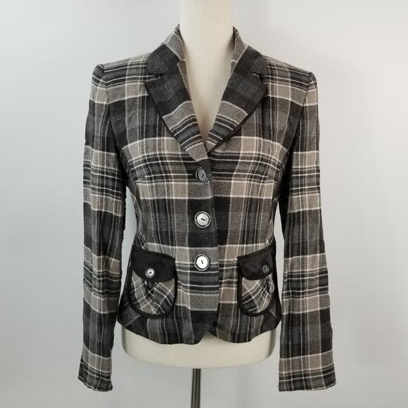 Gerry Weber Gray Black Cream Plaid Wool Blend 3 Button Jacket Lined Size Small - Picture 1 of 6